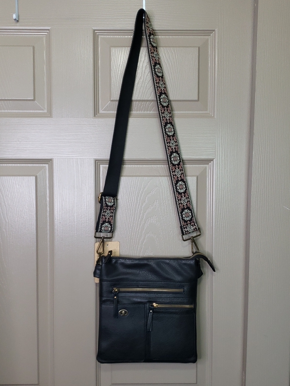 NWT Olivia And Kate Black Vegan Crossbody Bag with Patterned Embroidery Strap